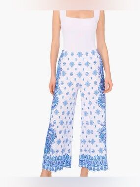 Vince Camuto White&  Blue Paisley Print Wide Leg Palazzo Cropped Pull-On Pants